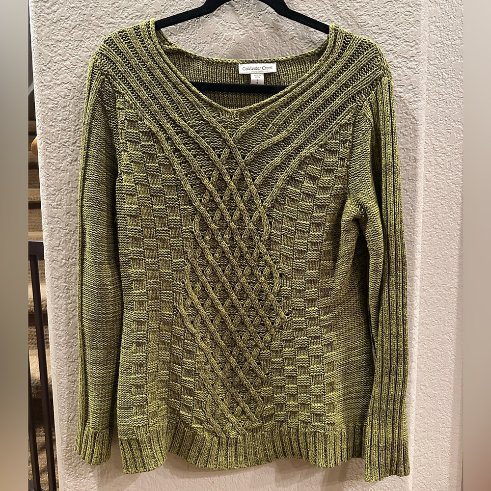 Coldwater Creek Olive/Mossy Green Small V-Neck Cable Sweater